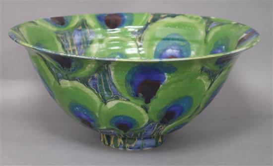 A Dartington Pottery Peacock design large bowl by Janice Tchalenko, Dia 42cm